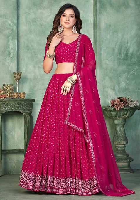 Pink Embroidered Georgette Lehenga Set