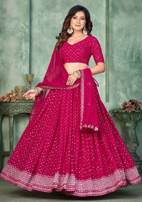 Pink Embroidered Georgette Lehenga Set