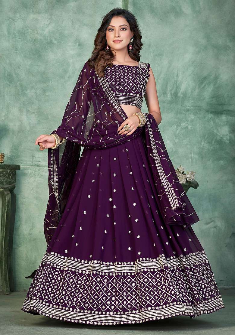 Purple Georgette Lehenga Set with Embroidered for Diwali | Wedding & Festive Wear - Indya