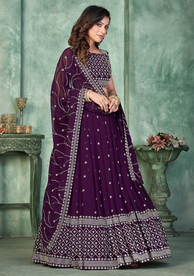 Purple Embroidered Georgette Lehenga Set