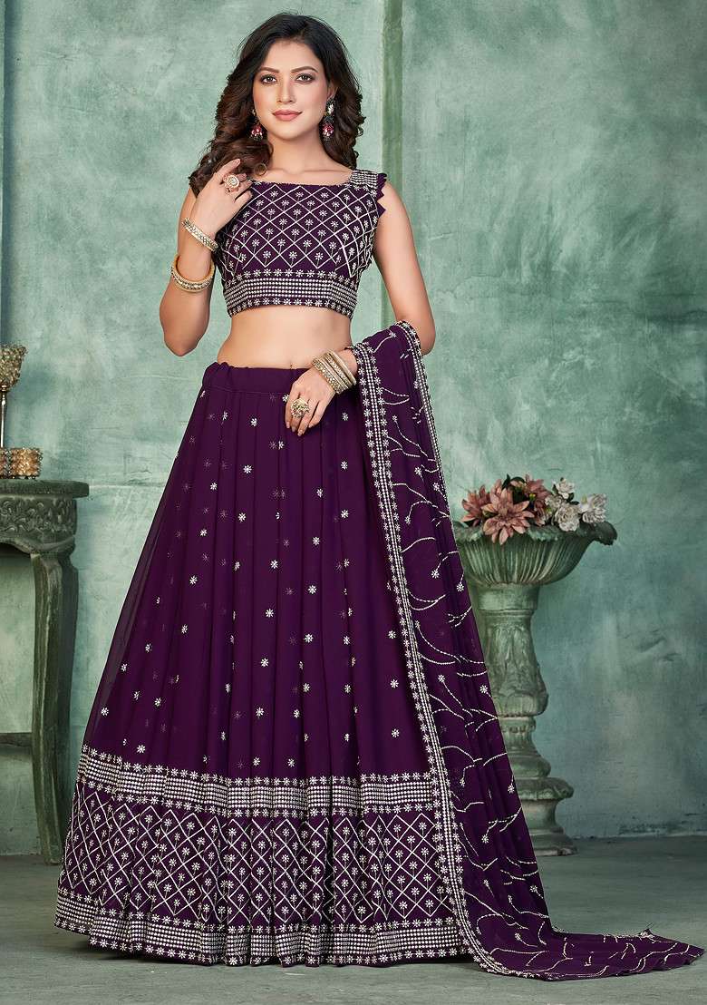 Purple Georgette Lehenga Set with Embroidered for Diwali | Wedding & Festive Wear - Indya