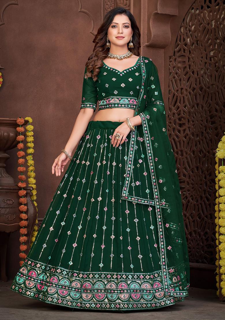 Dark Green Embroidered Georgette Lehenga Set
