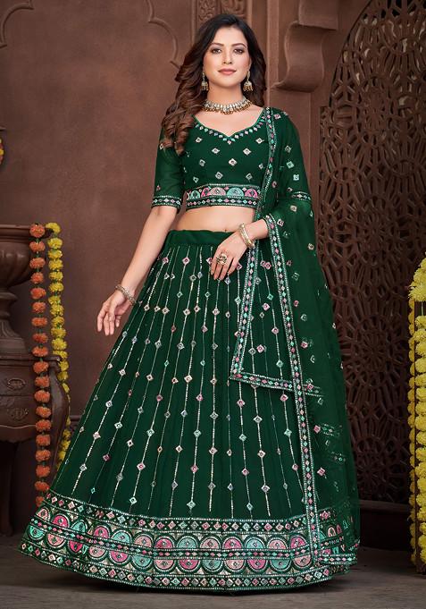 Dark Green Embroidered Georgette Lehenga Set