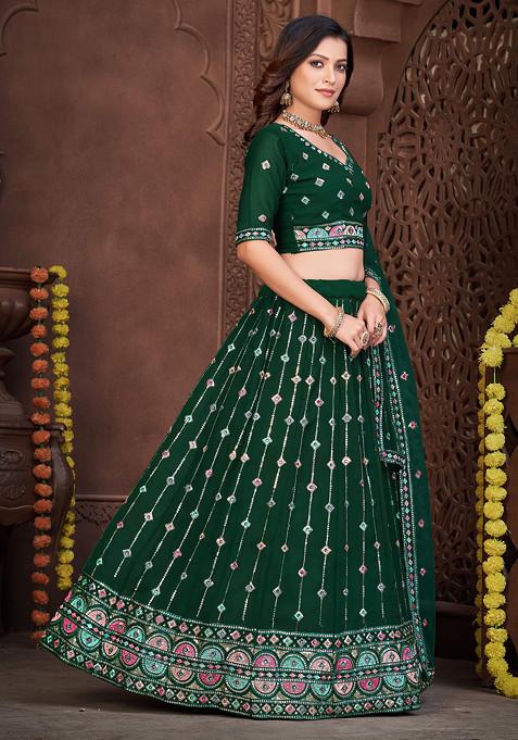 Dark Green Embroidered Georgette Lehenga Set