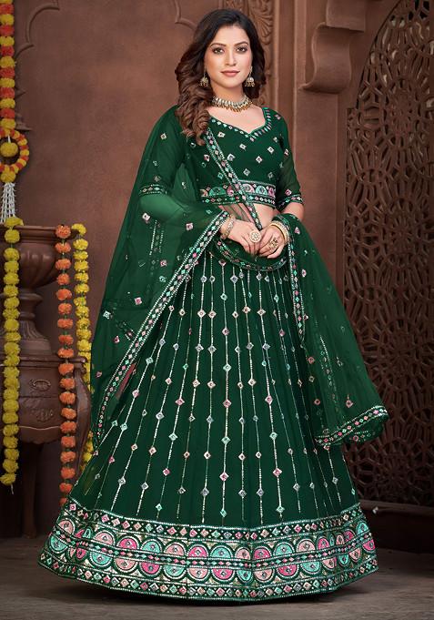 Dark Green Embroidered Georgette Lehenga Set