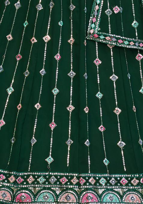 Dark Green Embroidered Georgette Lehenga Set