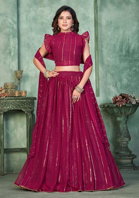 Dark Pink Sequin Embroidered Georgette Lehenga Set