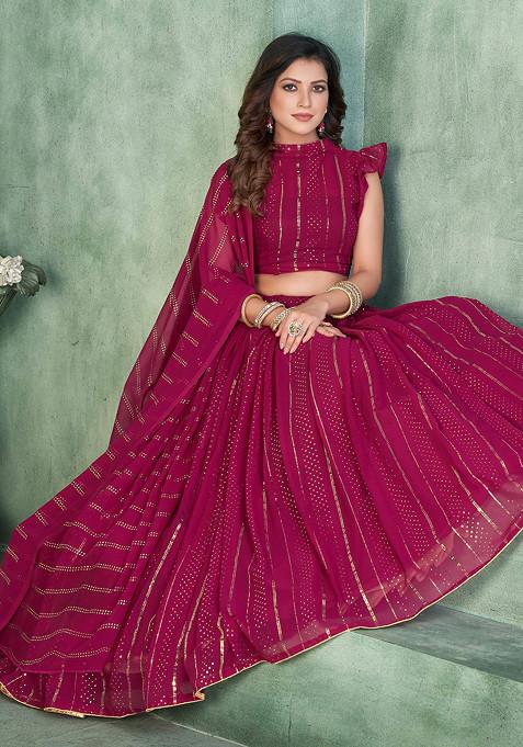 Dark Pink Sequin Embroidered Georgette Lehenga Set