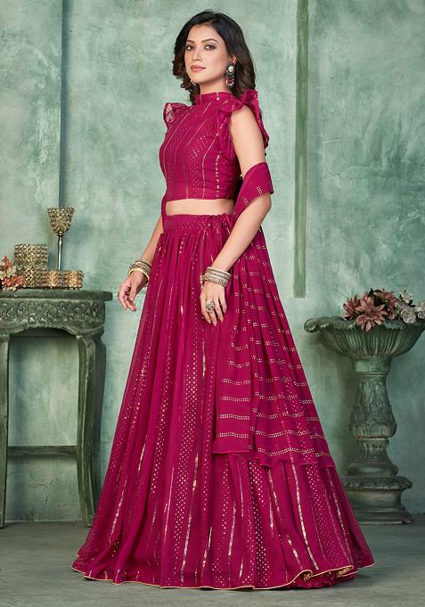 Dark Pink Sequin Embroidered Georgette Lehenga Set