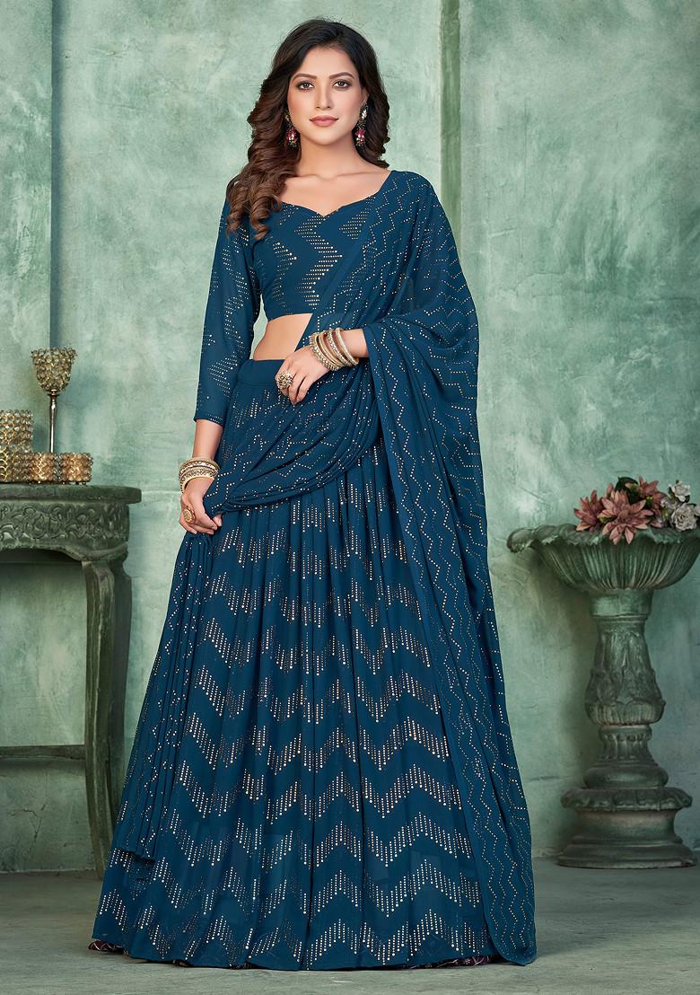 Aqua Blue Sequin Embroidered Georgette Lehenga Set