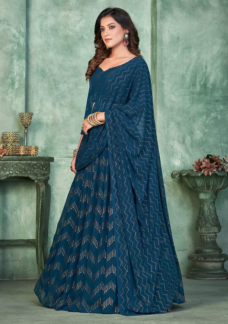 Aqua Blue Sequin Embroidered Georgette Lehenga Set