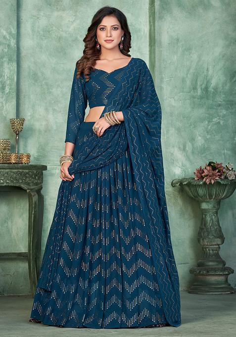 Aqua Blue Sequin Embroidered Georgette Lehenga Set