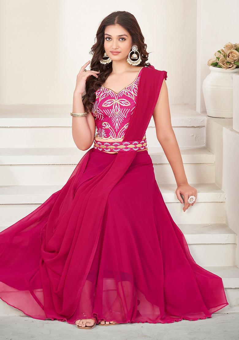 Pink Thread Embroidered Georgette Lehenga Set