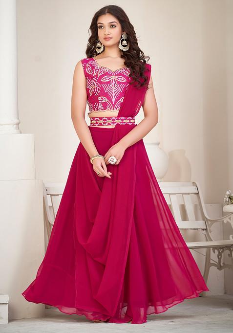 Pink Thread Embroidered Georgette Lehenga Set