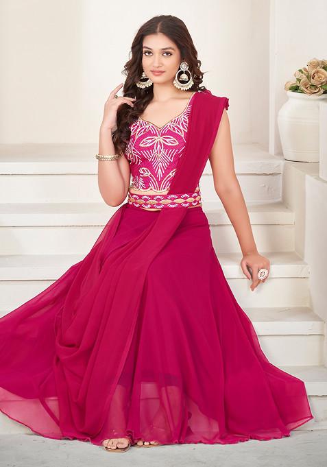 Pink Thread Embroidered Georgette Lehenga Set