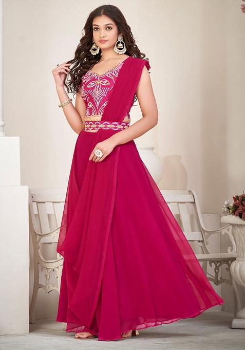 Pink Thread Embroidered Georgette Lehenga Set