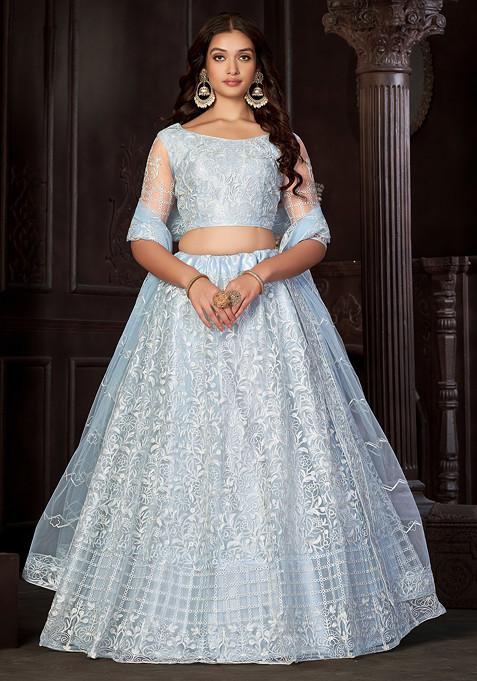 Light Sky Embroidered Net Lehenga Set