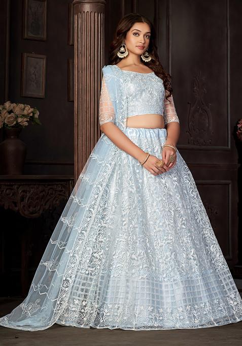 Light Sky Embroidered Net Lehenga Set