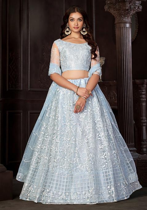 Light Sky Embroidered Net Lehenga Set