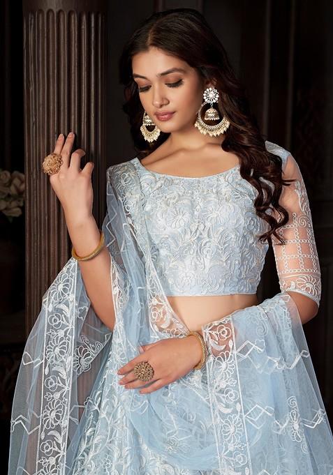 Light Sky Embroidered Net Lehenga Set