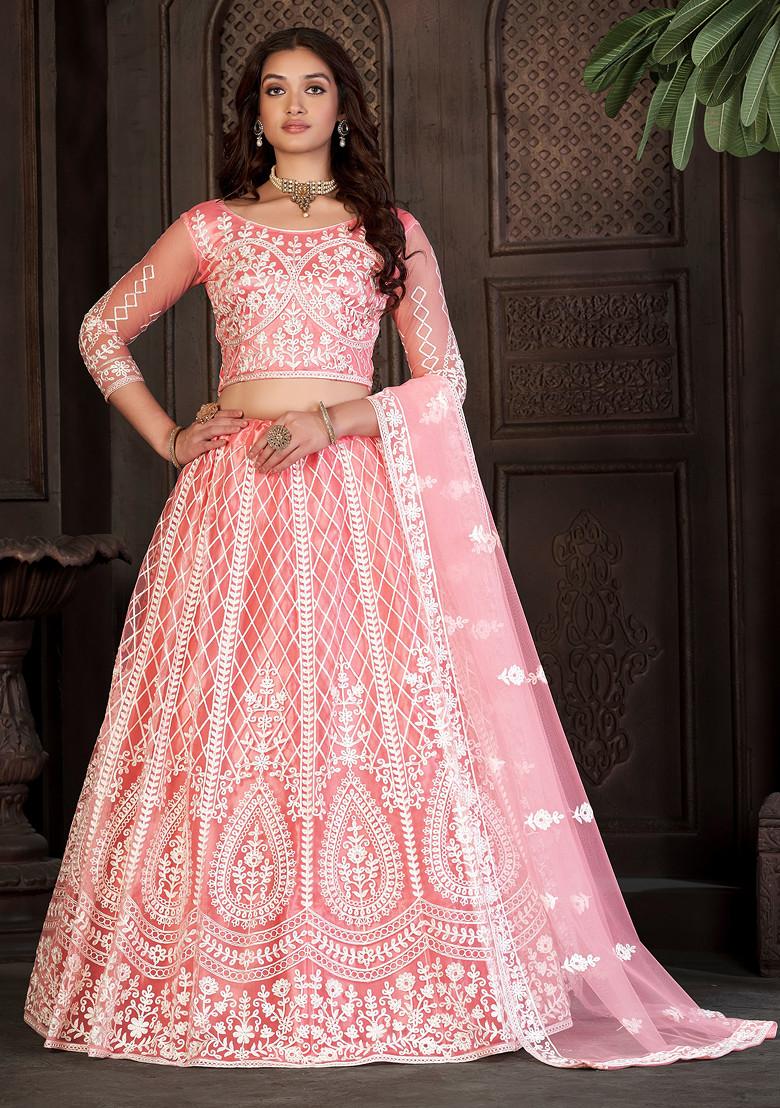 Peach Embroidered Net Lehenga Set