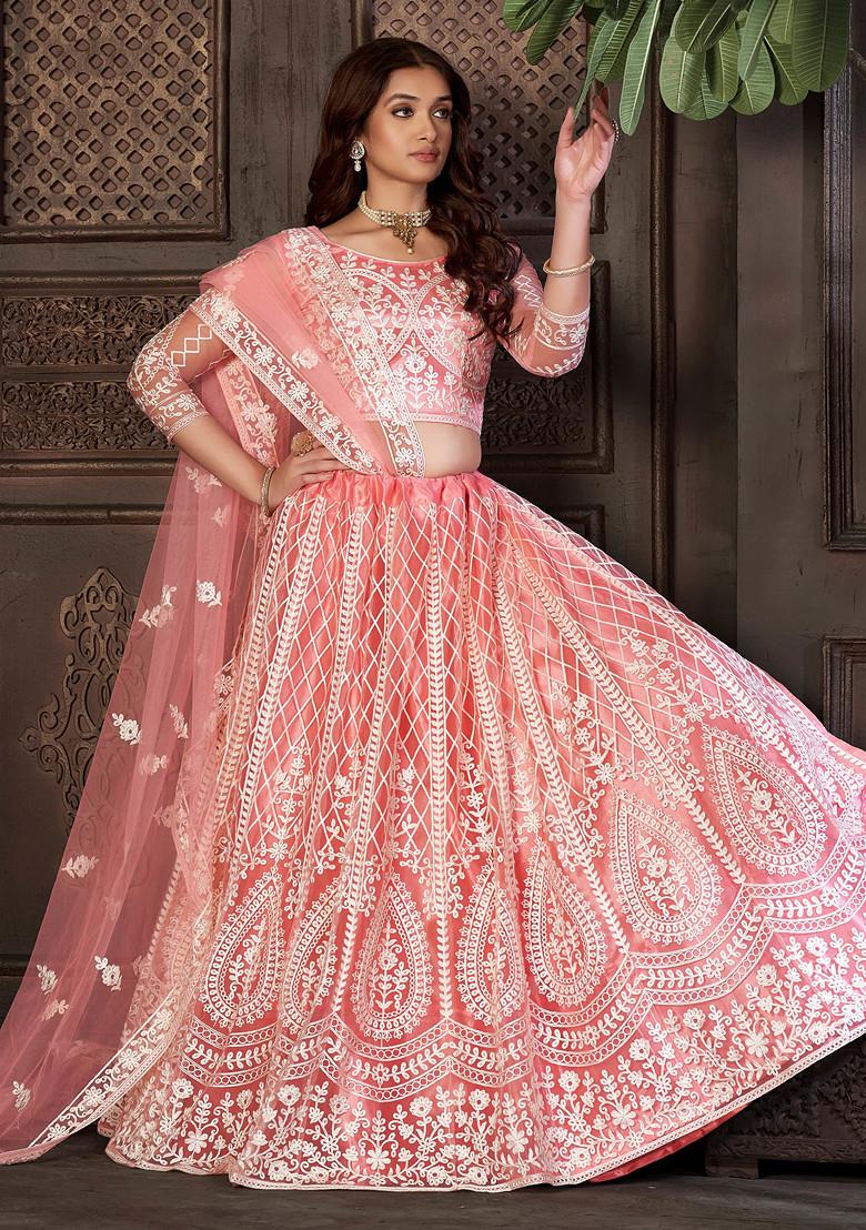 Peach Embroidered Net Lehenga Set