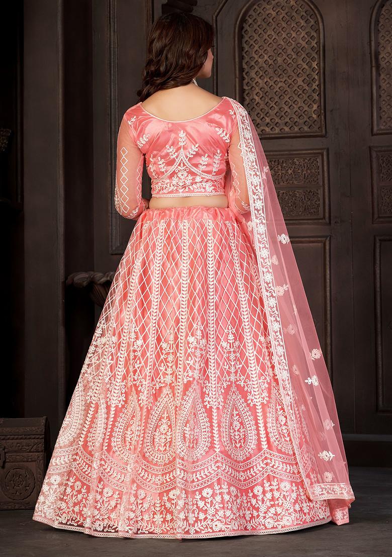 Peach Embroidered Net Lehenga Set