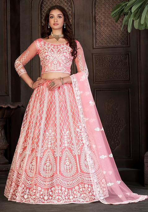 Peach Embroidered Net Lehenga Set