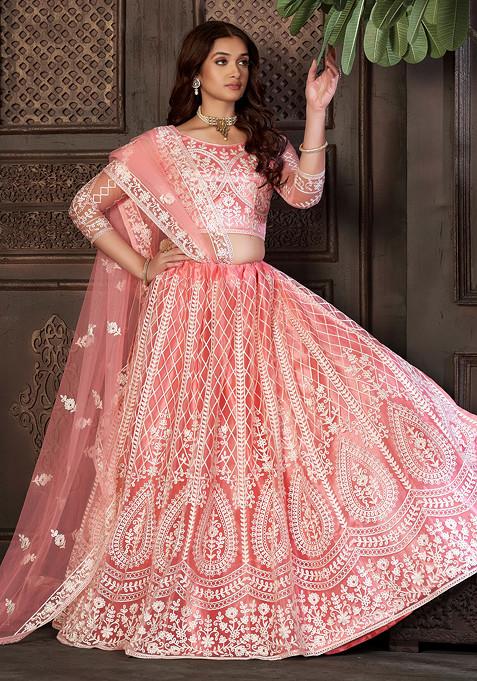 Peach Embroidered Net Lehenga Set