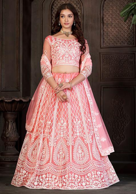 Peach Embroidered Net Lehenga Set