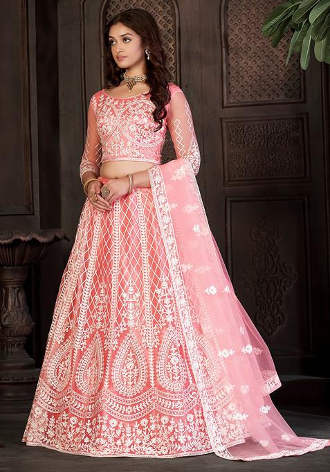 Peach Embroidered Net Lehenga Set