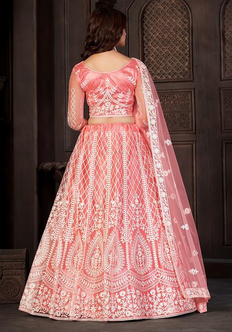 Peach Embroidered Net Lehenga Set