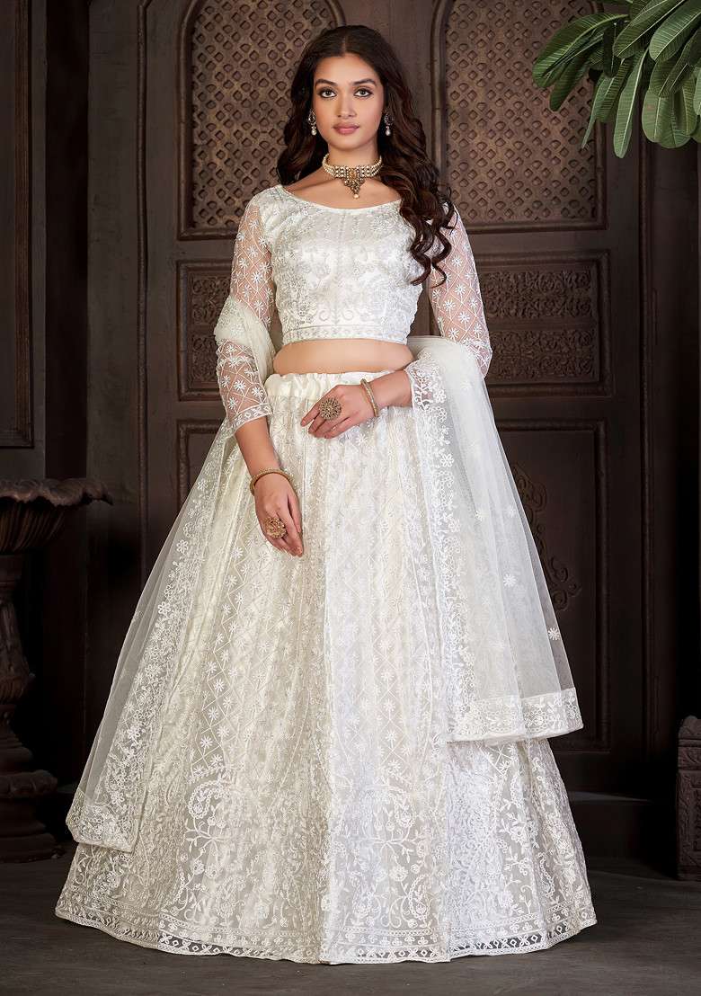 White Net Lehenga Set with Embroidered for Diwali | Wedding & Festive Wear - Indya