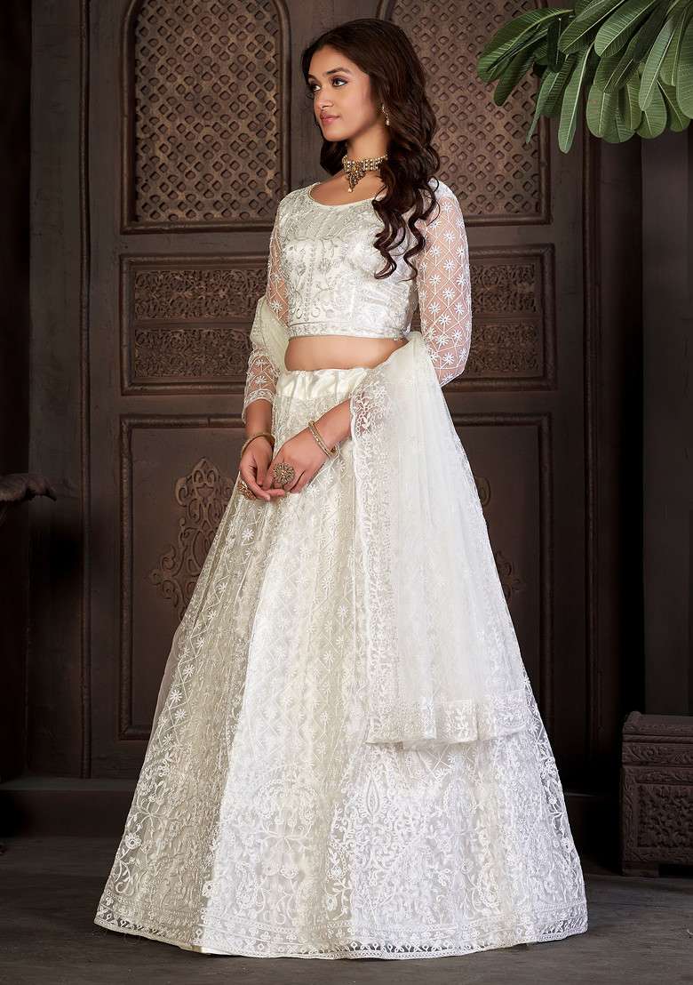 White Net Lehenga Set with Embroidered for Diwali | Wedding & Festive Wear - Indya