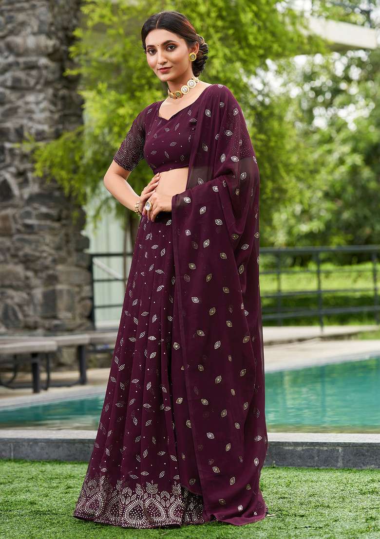 Purple Embellished Georgette Lehenga Set for Diwali and Festive Wear - Indya