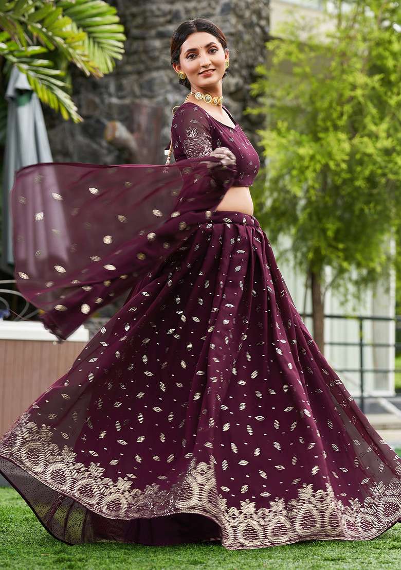 Purple Embellished Georgette Lehenga Set for Diwali and Festive Wear - Indya