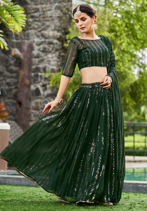 Green Embellished Georgette Lehenga Set