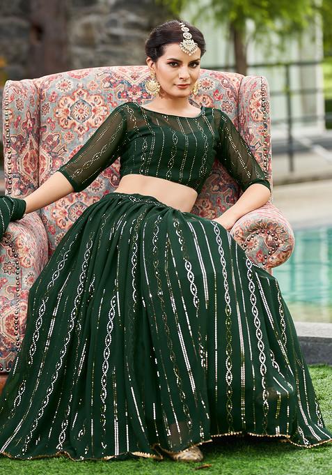 Green Embellished Georgette Lehenga Set