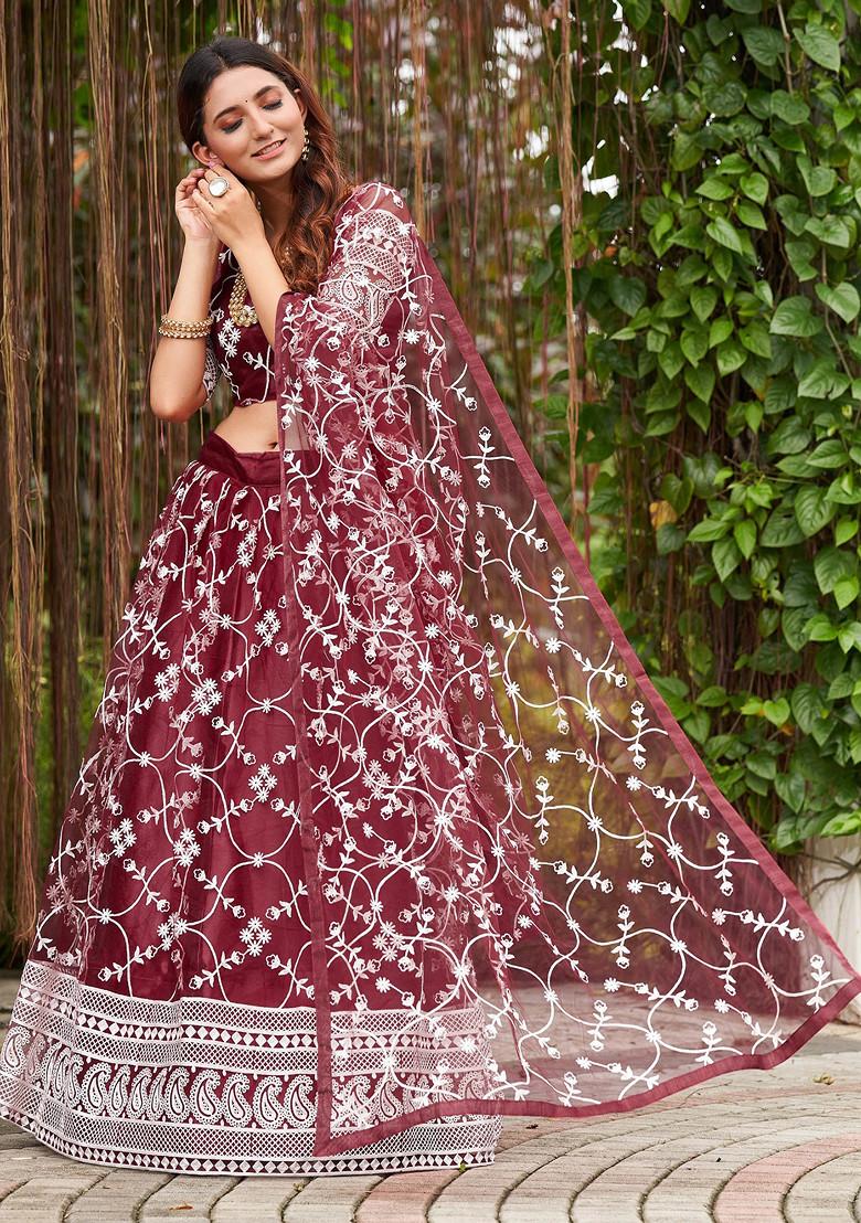 Maroon Embroidered Net Lehenga Set
