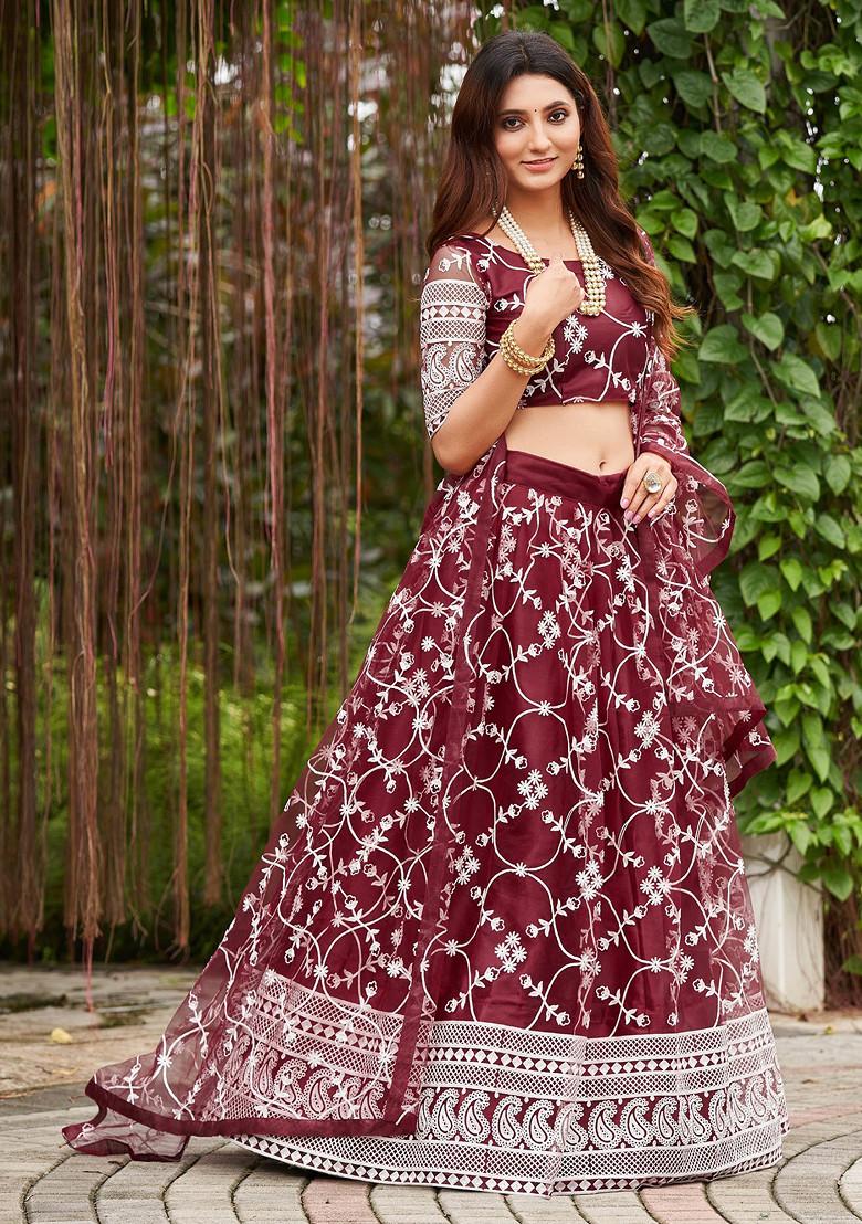 Maroon Embroidered Net Lehenga Set