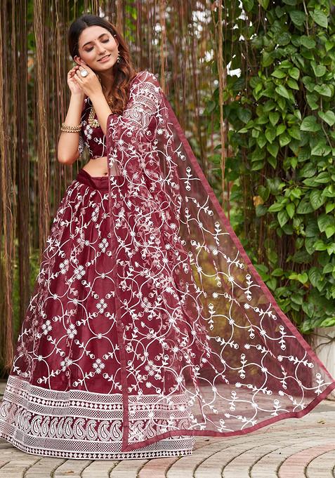 Maroon Embroidered Net Lehenga Set