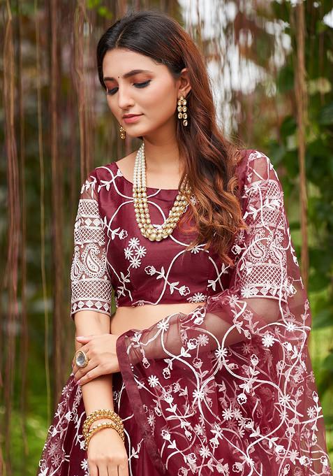 Maroon Embroidered Net Lehenga Set