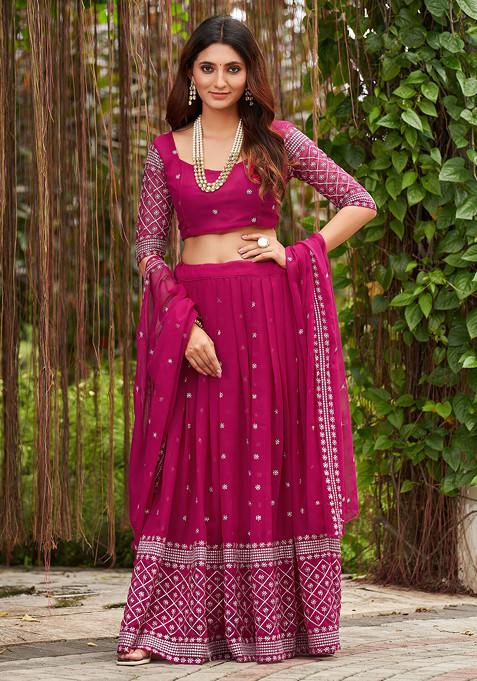 Pink Sequin Thread Embroidered Georgette Lehenga Set