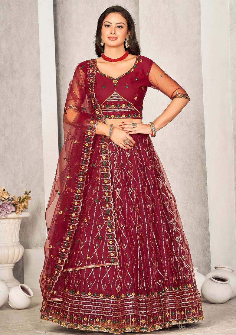 Maroon Sequin Embroidered Net Lehenga Set