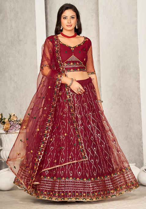 Maroon Sequin Embroidered Net Lehenga Set