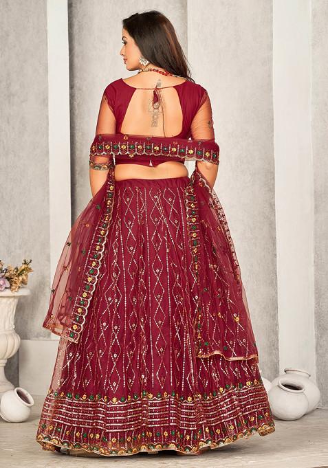 Maroon Sequin Embroidered Net Lehenga Set