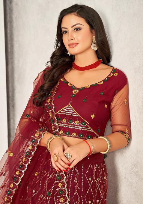 Maroon Sequin Embroidered Net Lehenga Set