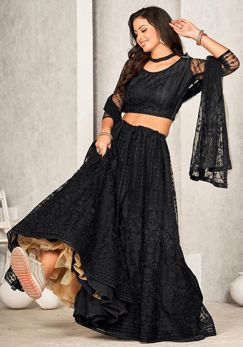 Black Sequin Embroidered Net Lehenga Set