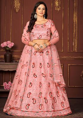 Peach Sequin Thread Embroidered Net Lehenga Set