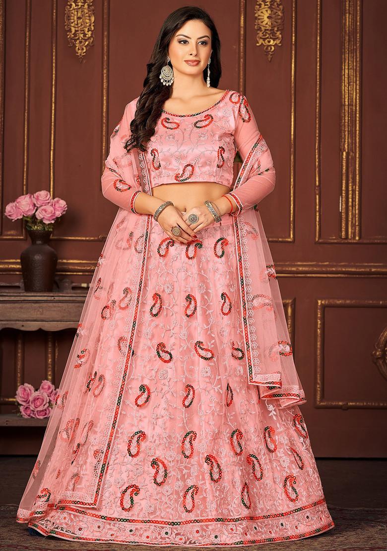 Peach Sequin Thread Embroidered Net Lehenga Set